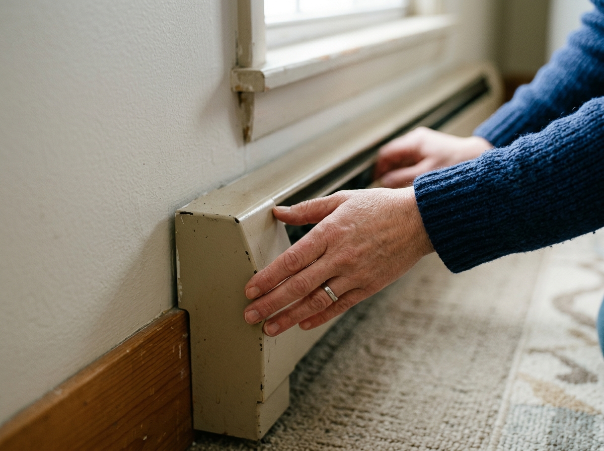 Close-up hands feeling cold draft along baseboard heater cover edge near exterior wall