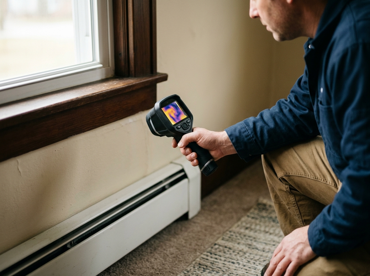 Technician points thermal imaging screen toward drafty window trim beside baseboard heater