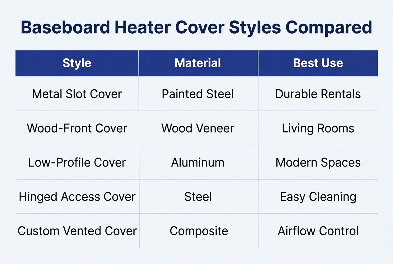 Infographic: Comparison table titled Baseboard Heater Cover Styles Compared