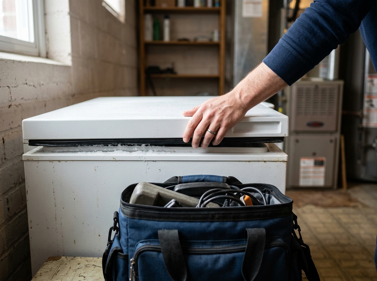 Homeowner's hand touches chest freezer lid beside kitchen energy assessment equipment bag