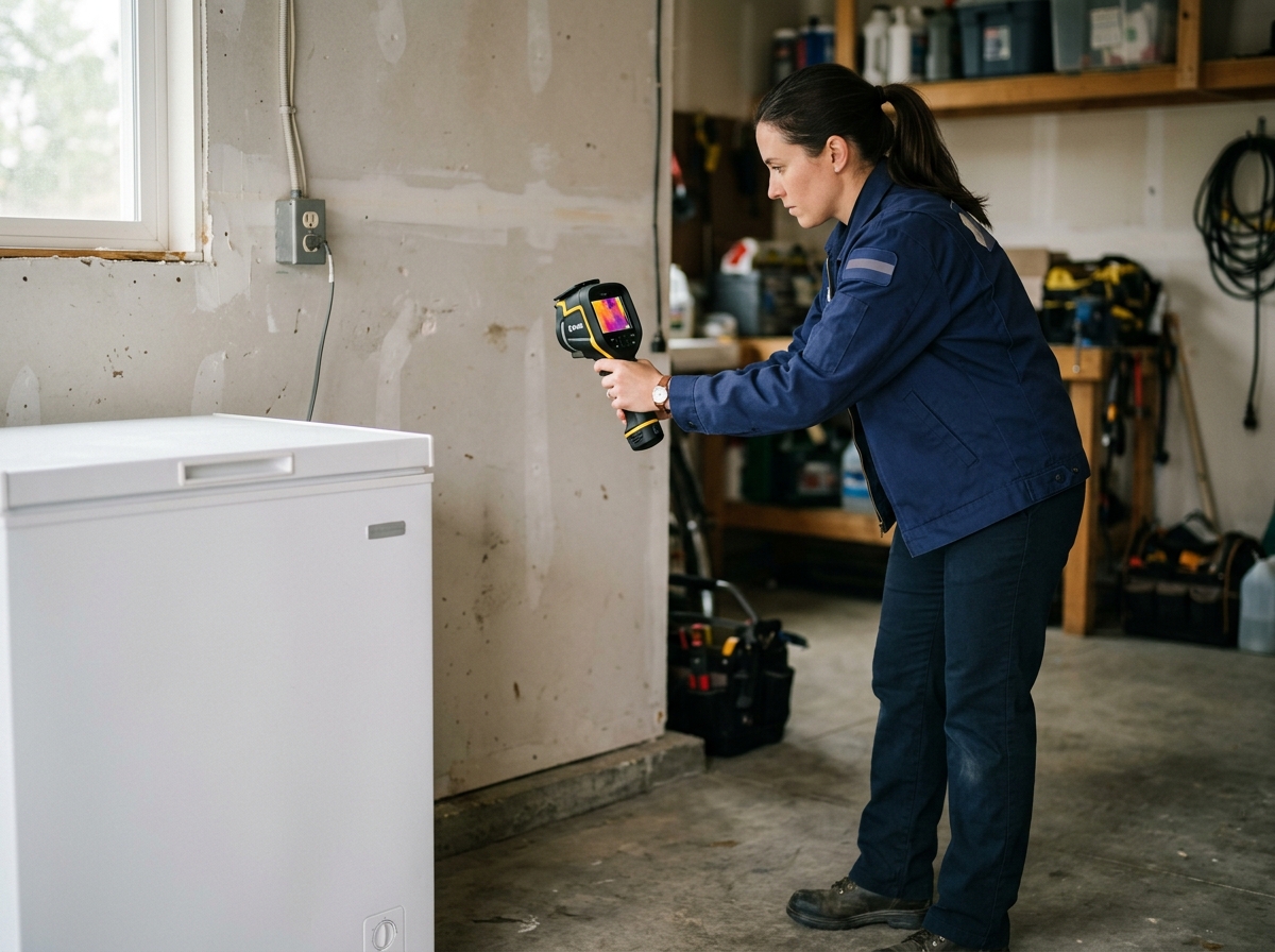 Technician aims thermal imaging camera at garage wall near freezer and utility outlet