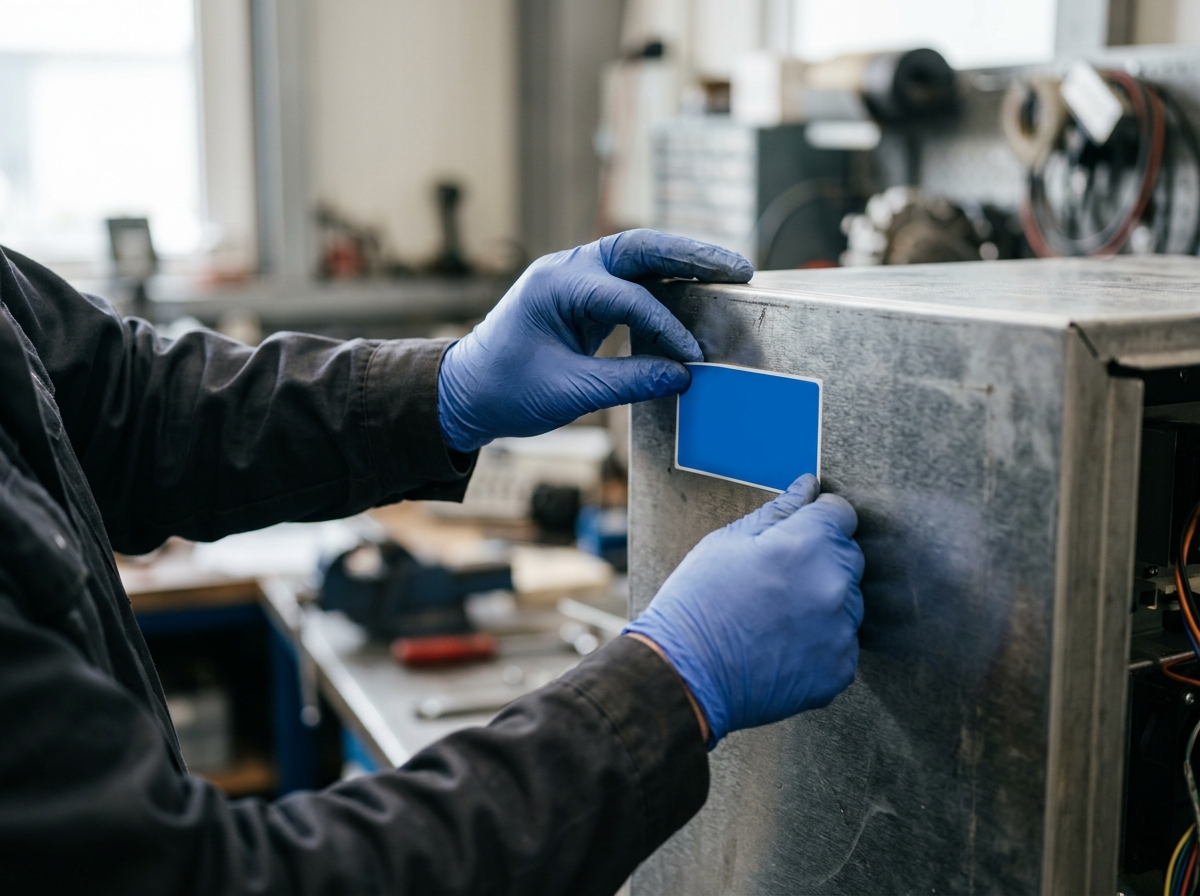 Close-up of gloved hands attaching a blue certification label sticker to metal unit casing