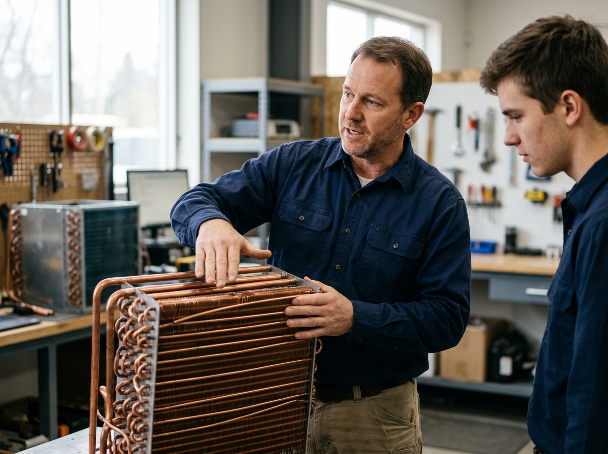 Cutaway-style workshop scene: technician holds copper coil unit explaining airflow with hand gestures