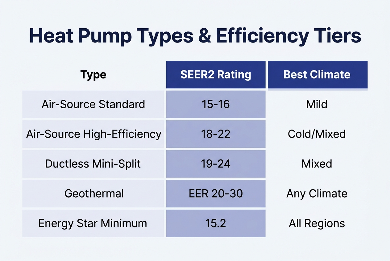 Infographic: Comparison table titled 'Heat Pump Types & Efficiency Tiers'