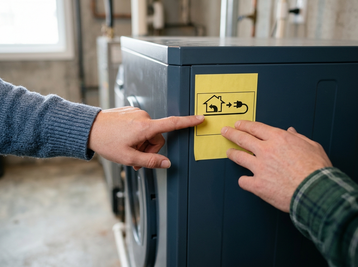 Close-up of hands pointing at the yellow Energy Star label on a unit's side panel