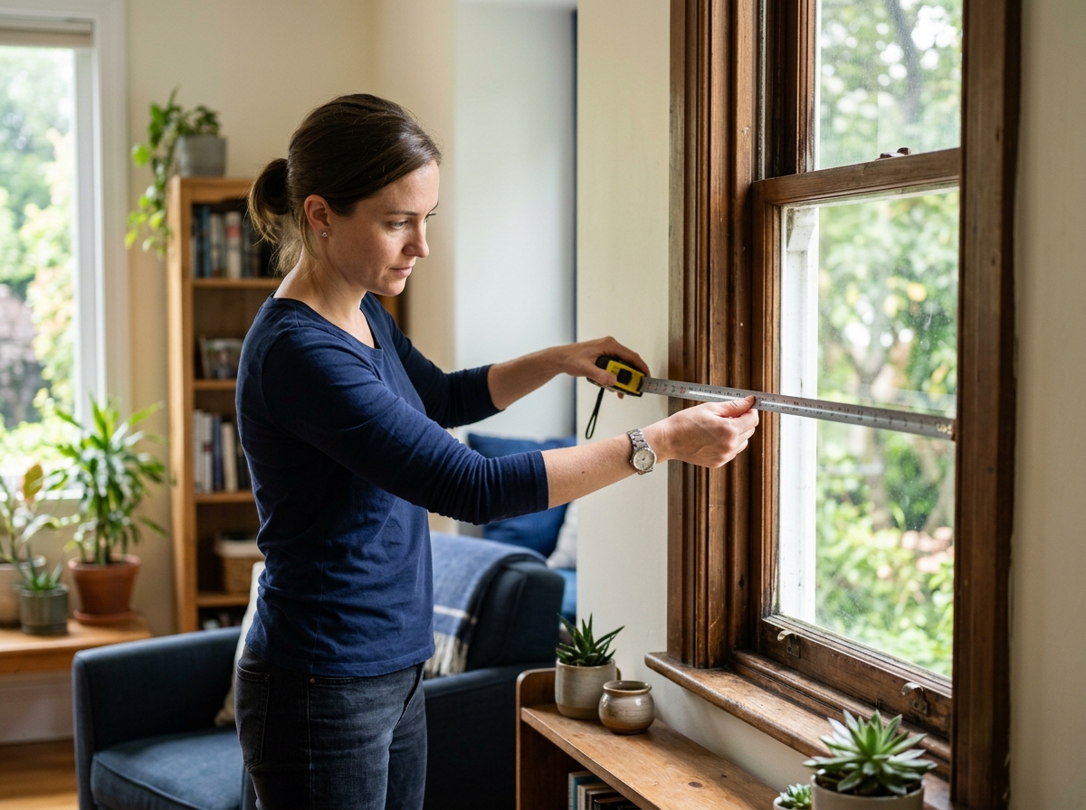 Homeowner measuring a window with a tape measure before purchasing a new air conditioner
