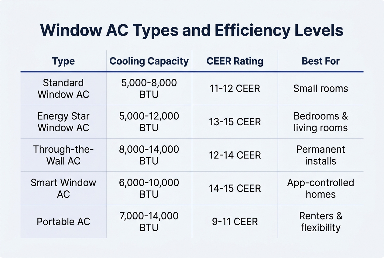 Infographic: Comparison table titled 'Window AC Types and Efficiency Levels'