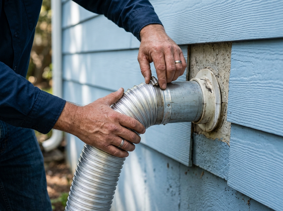 Close-up hands inspecting dryer vent hose connection against exterior wall sheathing
