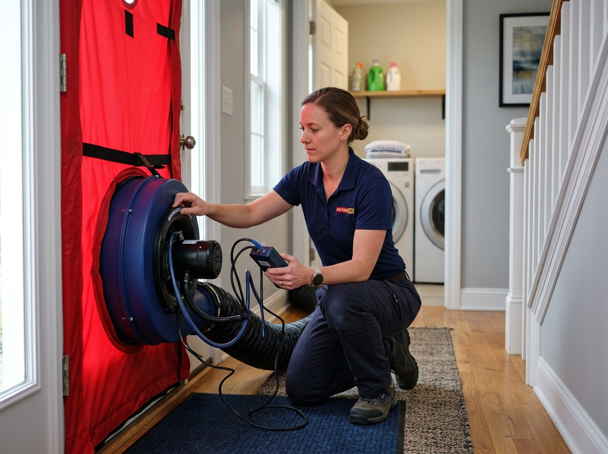 Technician performs blower door test in hallway near laundry room during home energy assessment