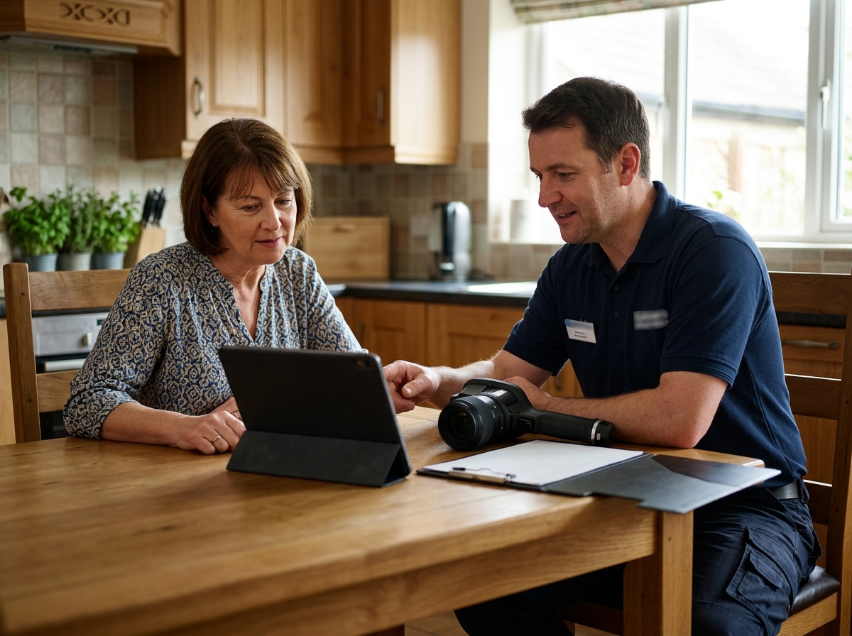 Homeowner and technician at kitchen table reviewing tablet, thermal camera and clipboard beside them