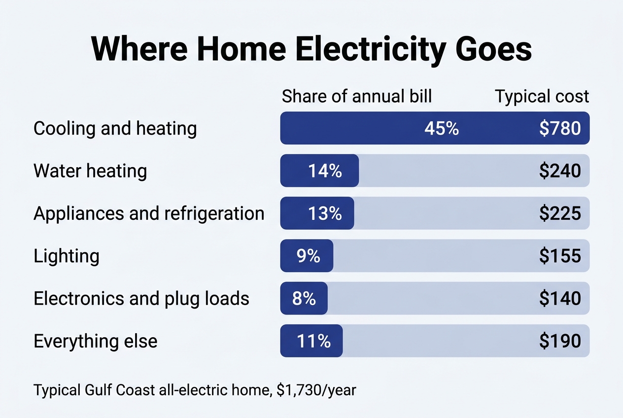 Infographic: Bar breakdown titled "Where Home Electricity Goes"