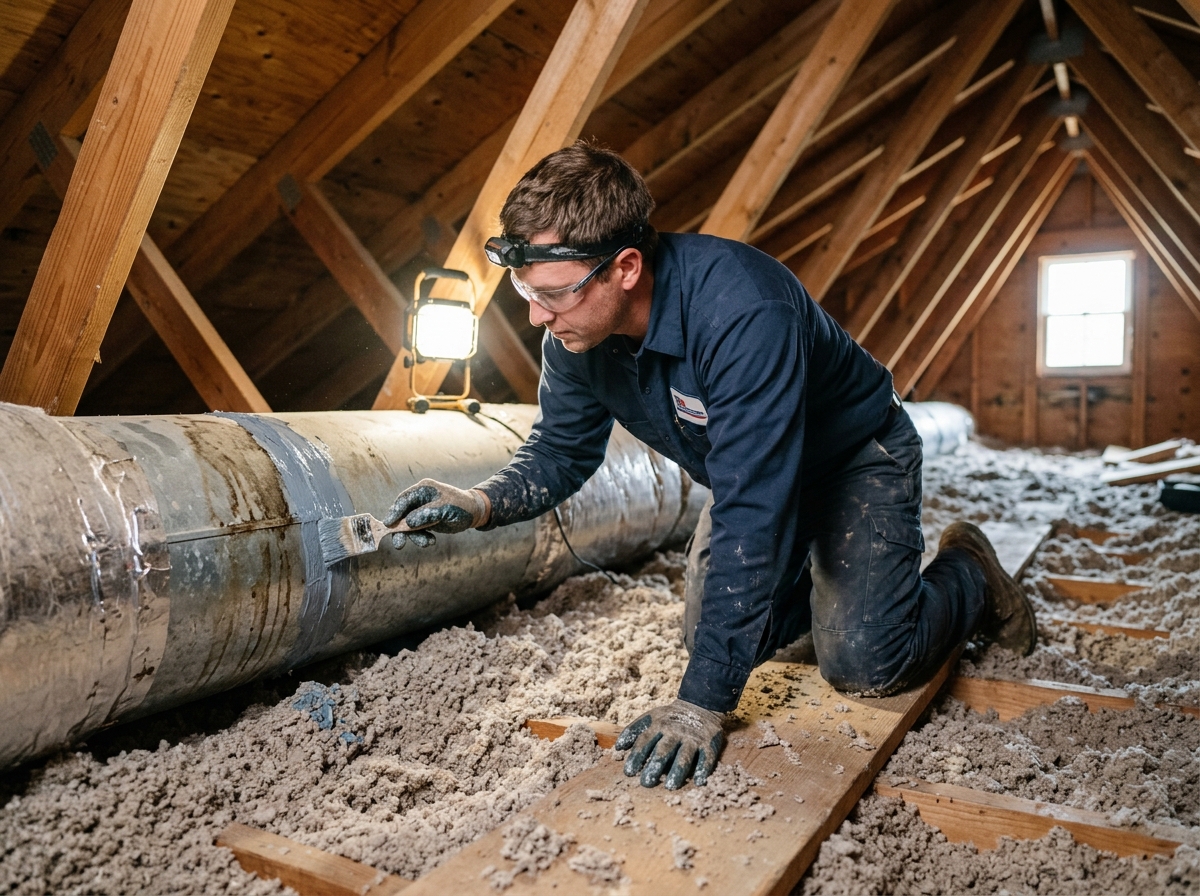 Worker in attic applying mastic to leaking duct seam, crawling light and cellulose blanket visible
