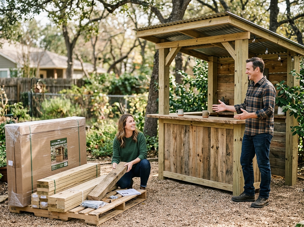 Homeowner comparing a flat-pack lumber kit to an assembled steel-roofed Tavern bar outdoors