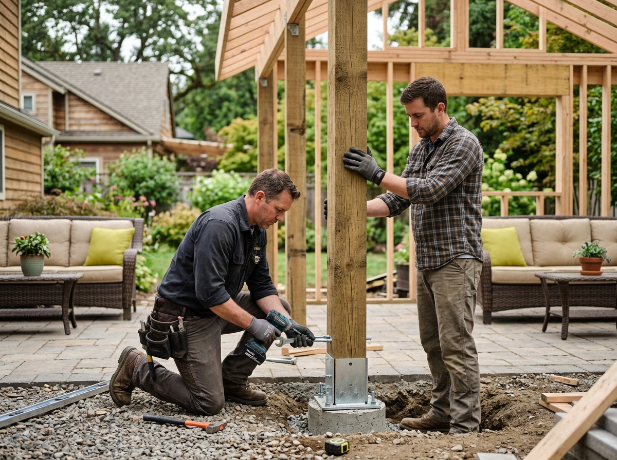Two installers securing 6x6 posts on a finished Tavern beside an existing backyard patio