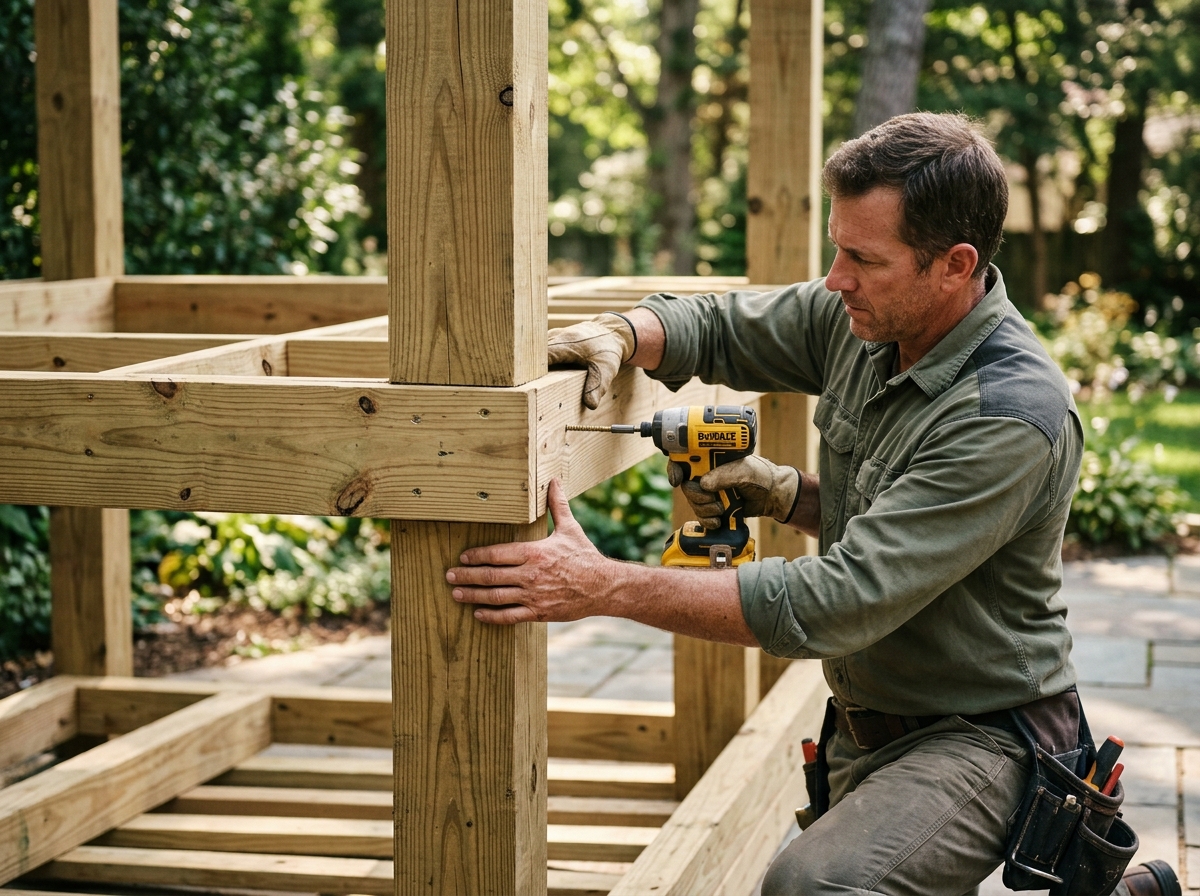 Carpenter fastening thick timber posts and countertop frame of custom outdoor bar structure