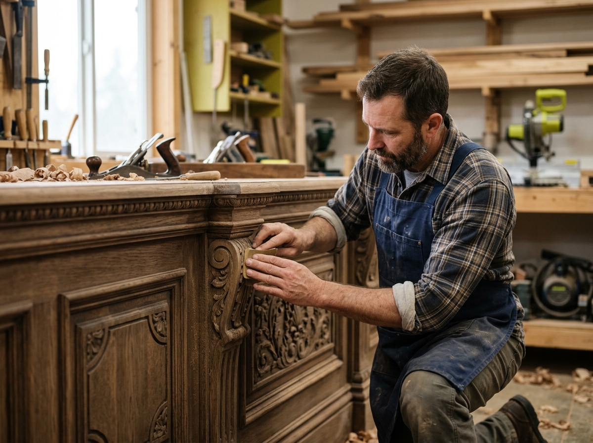 Craftsman sanding an ornately carved signature bar front with decorative trim in workshop