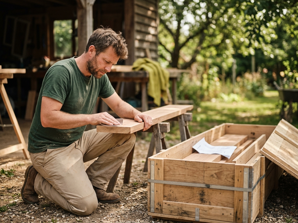Split scene: bare-chested-free carpenter sanding raw lumber beside a delivered prefab bar kit crate