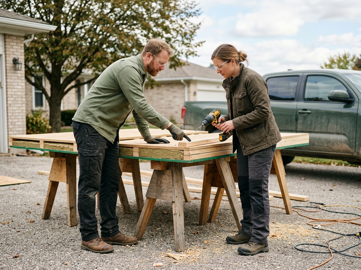 Two builders comparing power drill and pre-cut panel kit pieces laid across sawhorses in driveway