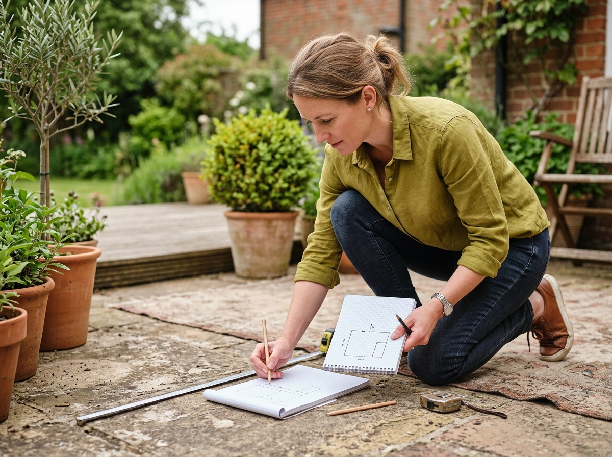 Homeowner sketching layout on graph paper while measuring patio space with tape measure