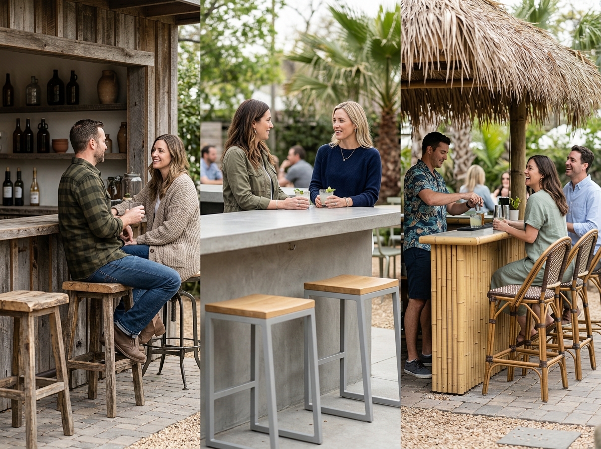 Three distinct patio bar styles shown side by side: rustic wood, modern concrete, tropical tiki