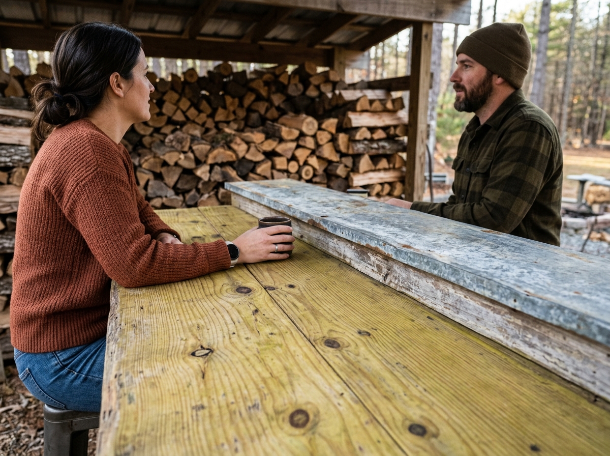 Close-up of knotty pressure-treated pine bar top, galvanized roof edge, stacked firewood beyond