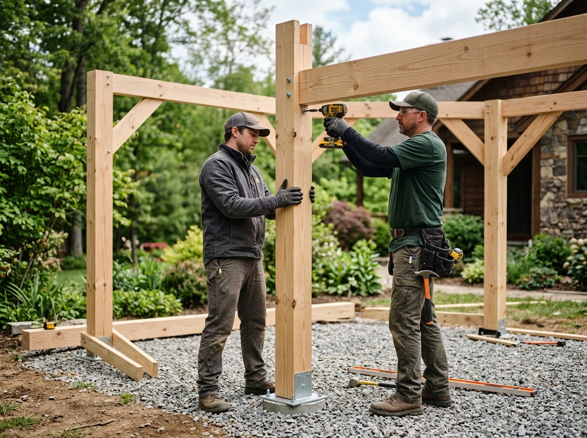 Installer crew assembling pine Tavern's 6x6 posts on level backyard gravel pad