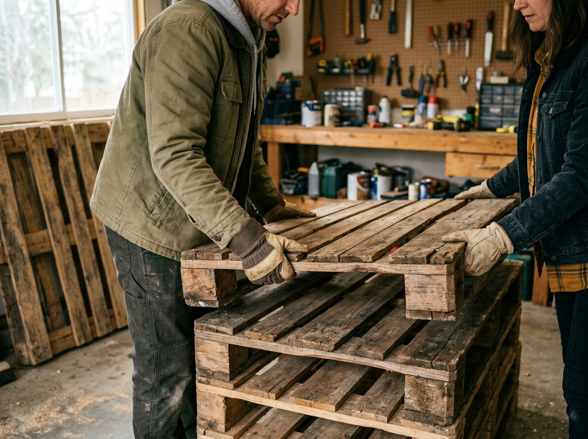 Hands stacking weathered wooden pallets into a bar frame in a garage