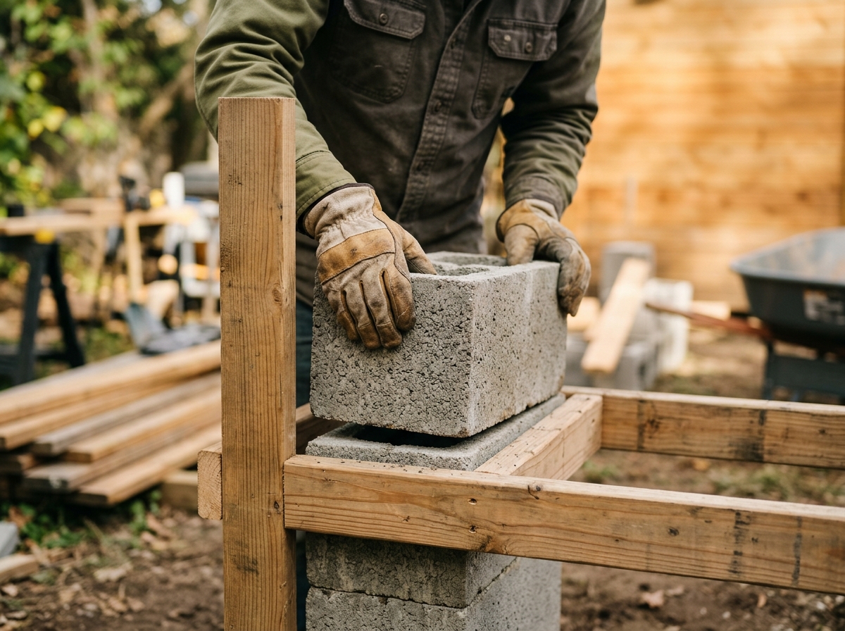 Close-up of gloved hands stacking cinder blocks between wood planks for a bar