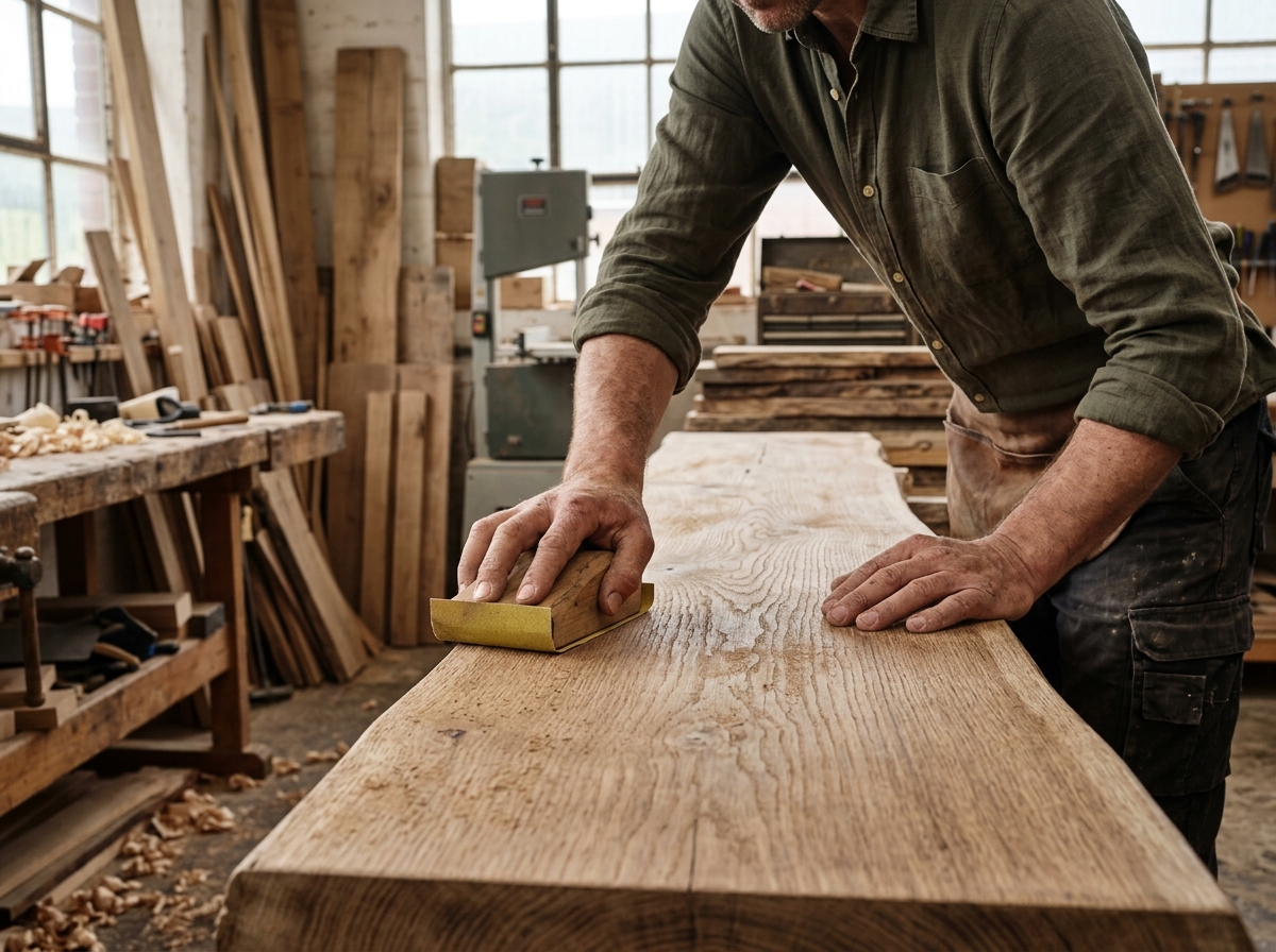 Carpenter's hands sanding a rustic wooden bar top beside stacked lumber and tools