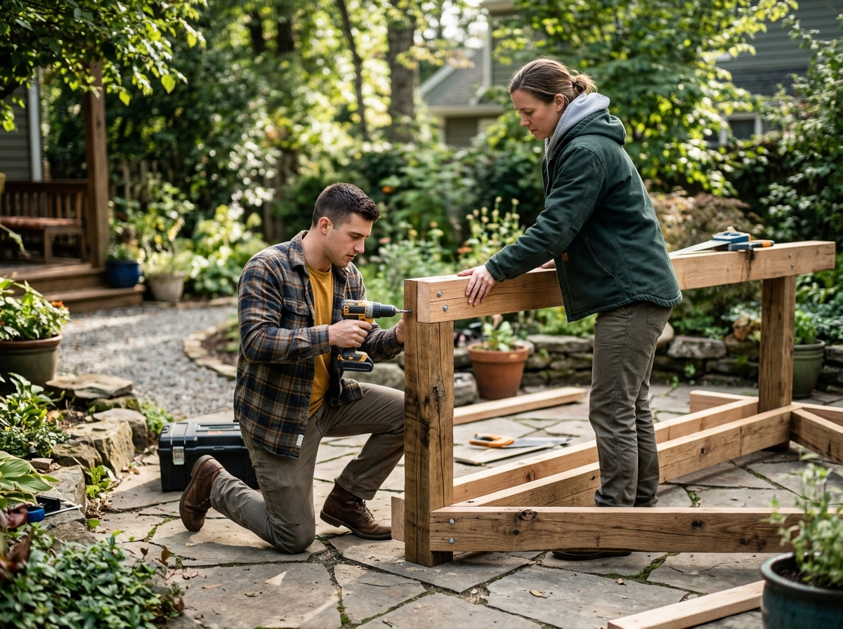 Installer crew assembling a wooden tavern bar frame on a level backyard patio surface