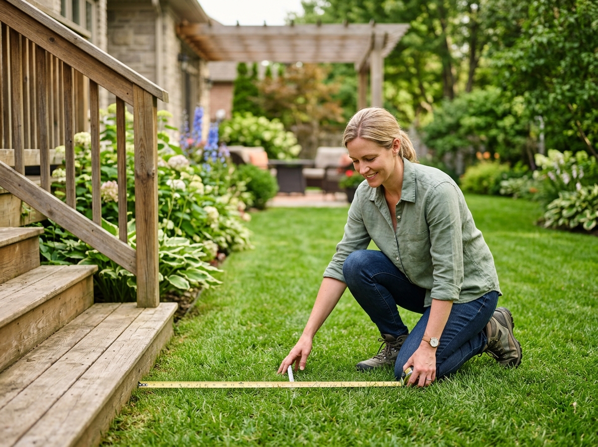 Homeowner measuring open backyard lawn space near a deck before bar placement