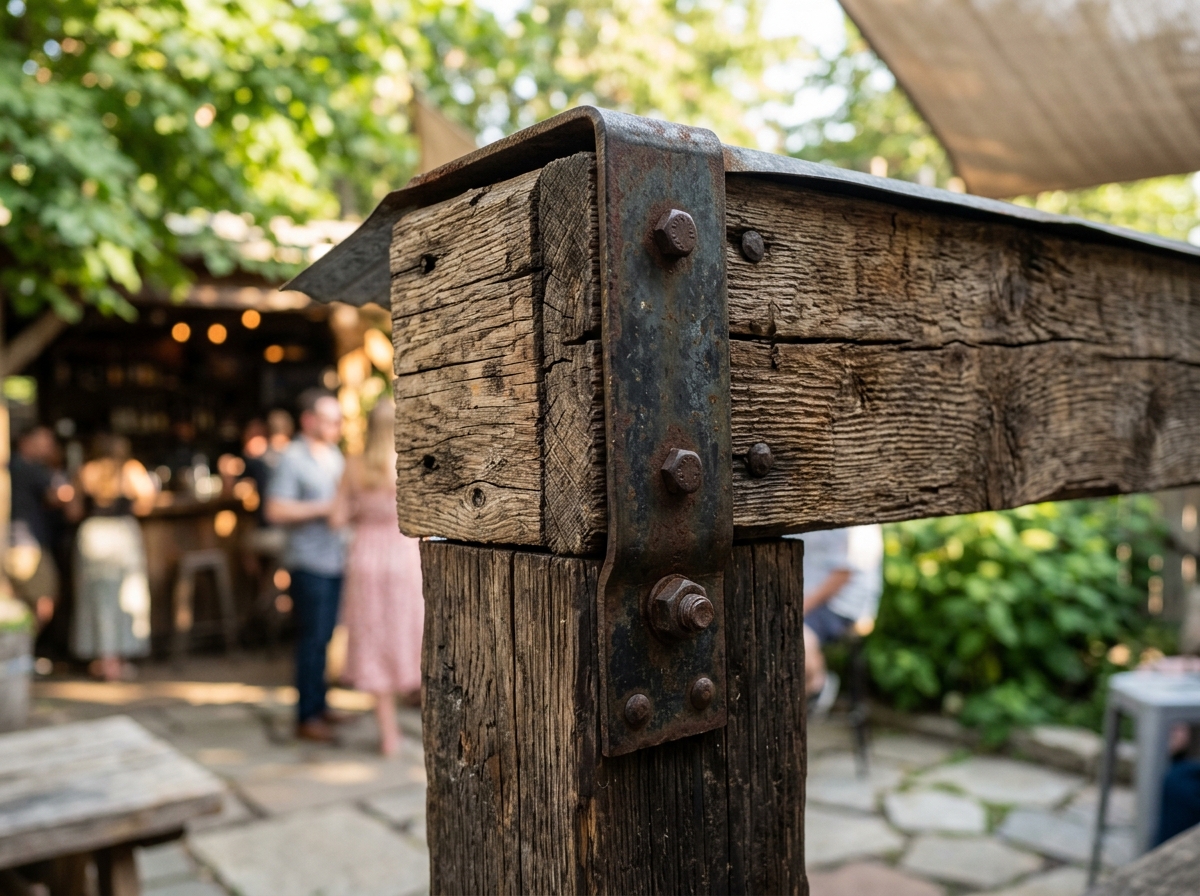 Close-up of weathered wood grain and steel roof corner joint on a rustic backyard tavern bar