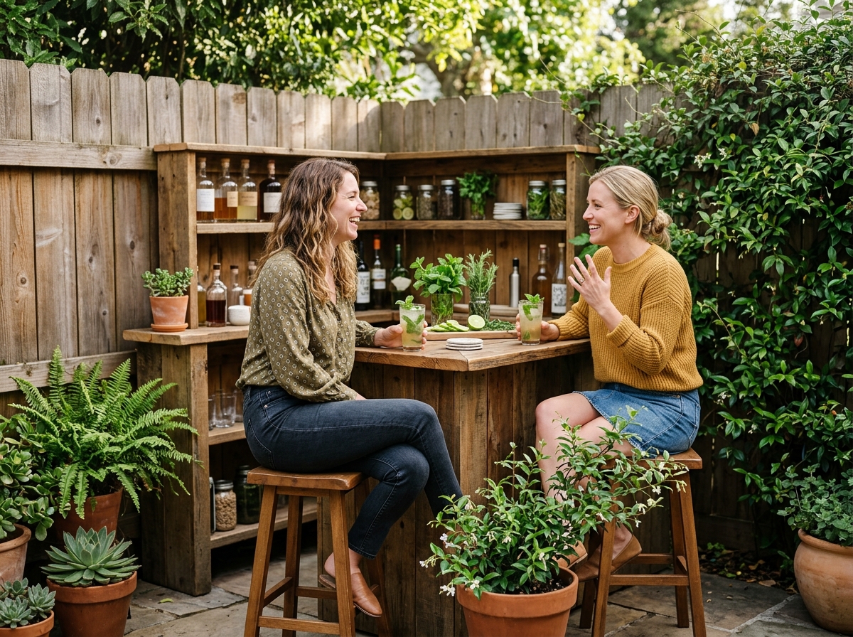 Compact wooden corner bar tucked against a fence line in a small backyard patio corner