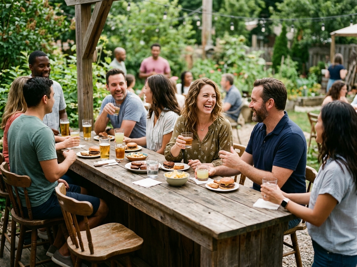 Family and friends gathered around a large wooden tavern bar with barstools during backyard cookout