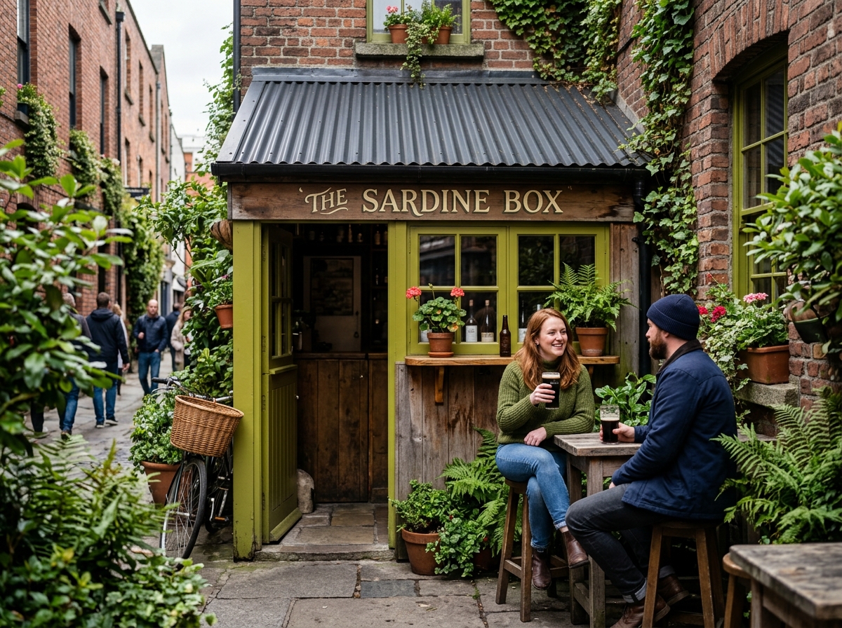 Compact Temple Bar with corrugated steel roof tucked into a narrow side yard space