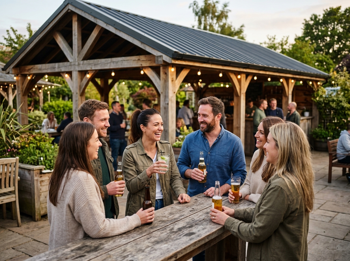 Large Dunbar covered bar with steel roof surrounded by friends holding drinks on patio