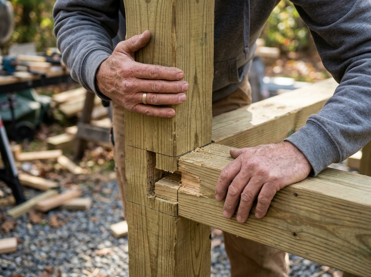 Close-up of hands fitting a grade #1 pressure treated post into a bar frame corner joint