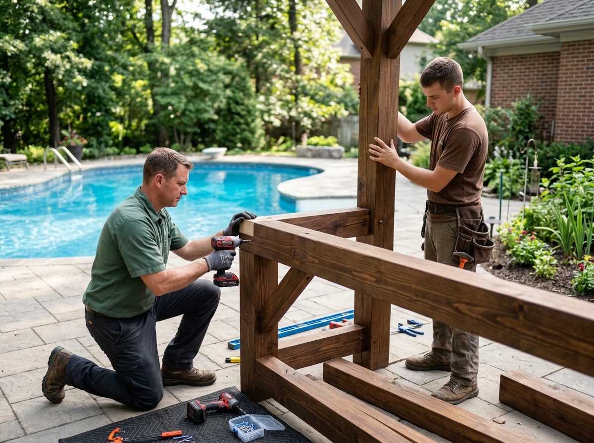 Two installers assembling a large wood tavern bar frame beside a customer's existing backyard pool