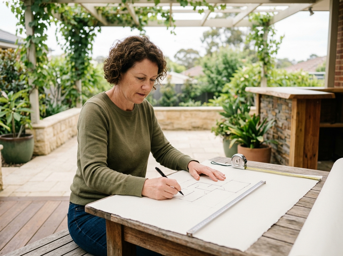 Homeowner sketching bar layout on paper, tape measure and patio space visible outdoors