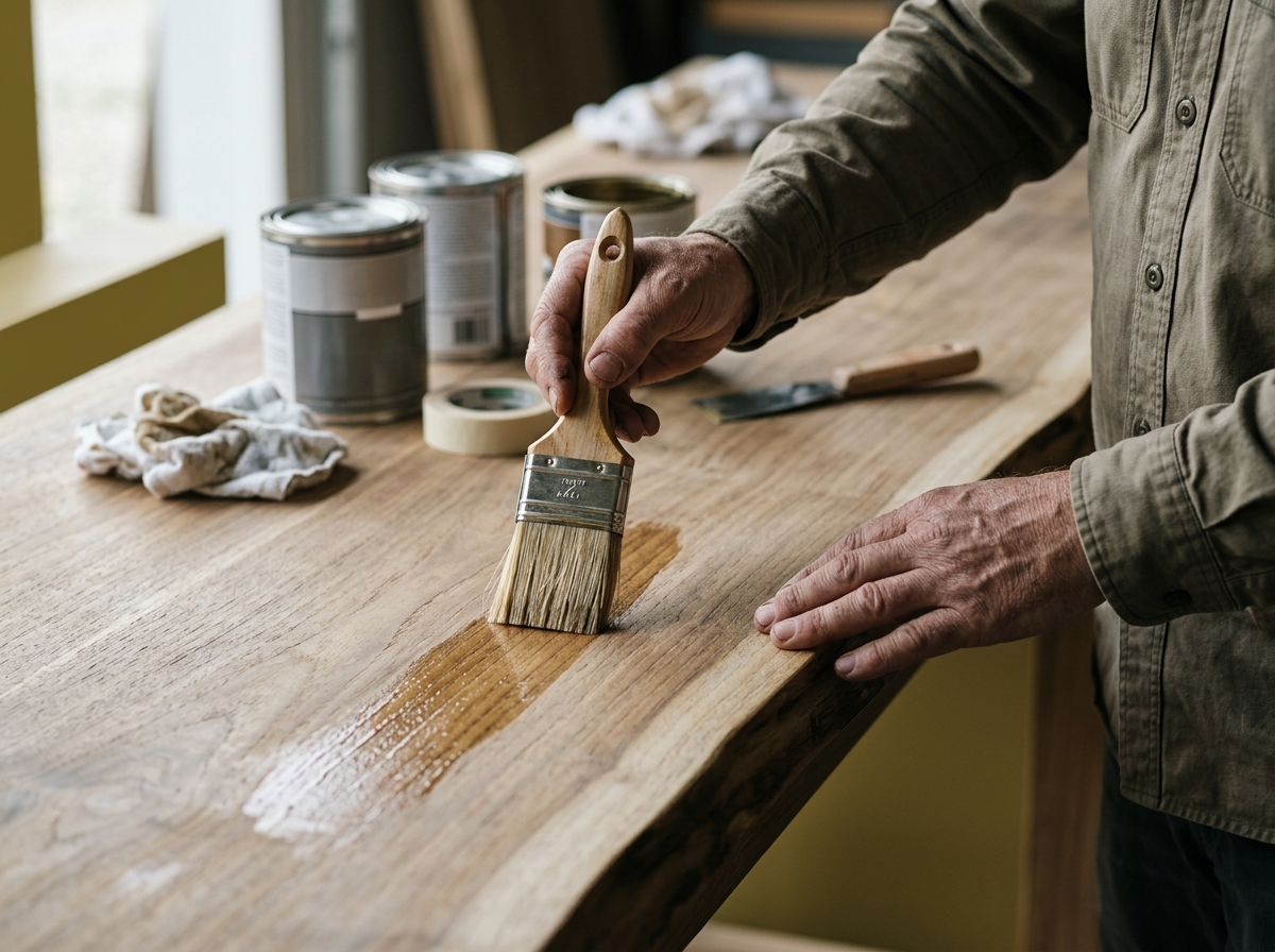 Close-up hands sealing weatherproof teak wood countertop with brush, tools and stain cans nearby
