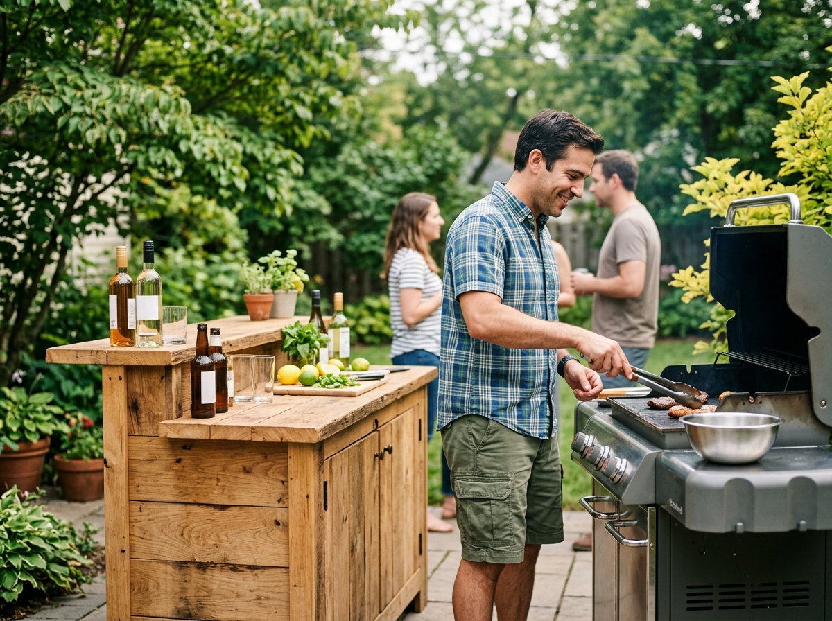 Wooden bar positioned beside a grill station on a backyard patio, host flipping food