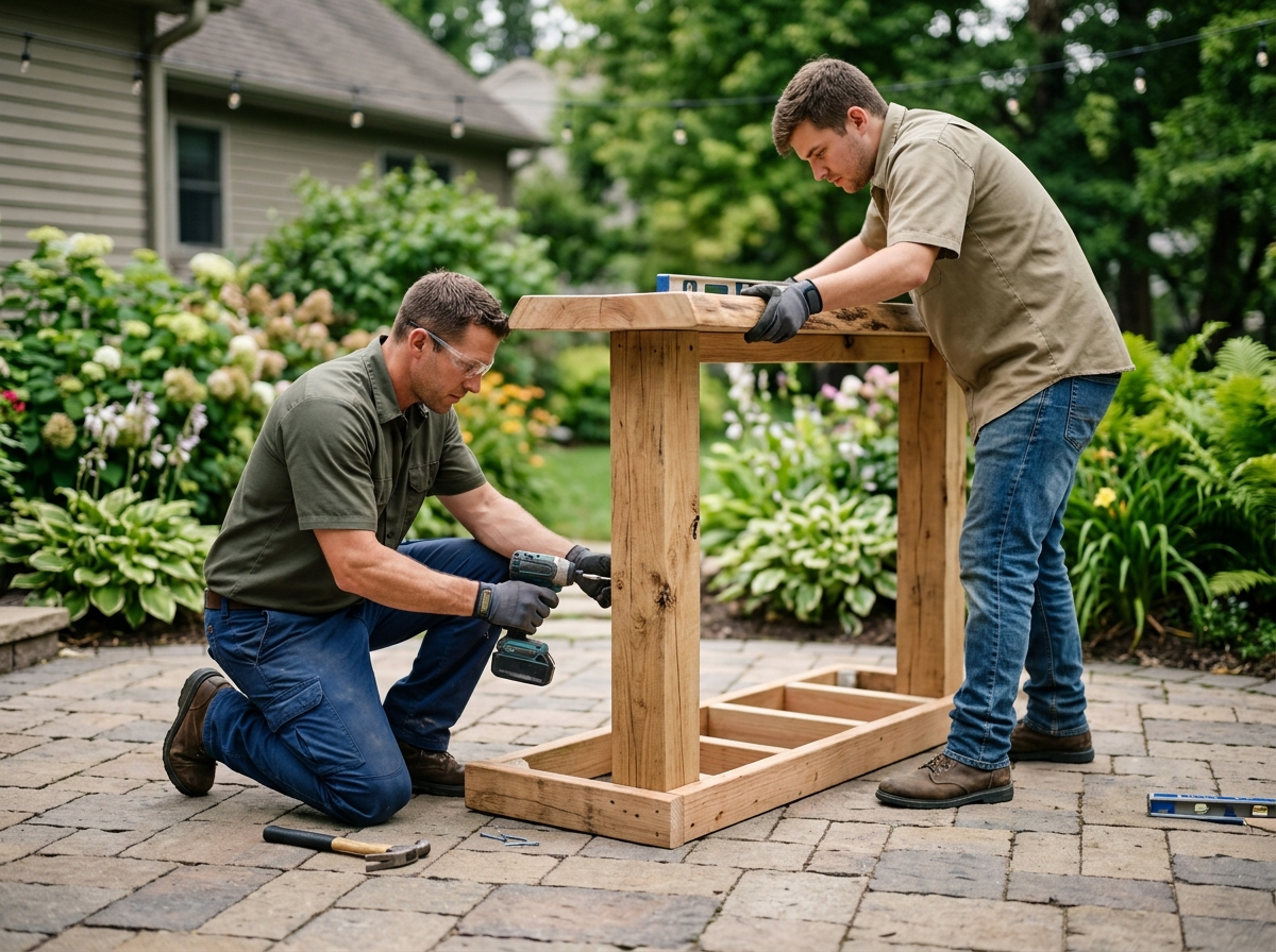 Installation crew assembling a wooden bar atop an existing paver patio in a backyard