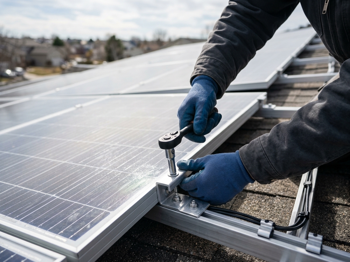 Close-up of gloved hands tightening a mounting bracket on a rooftop solar panel