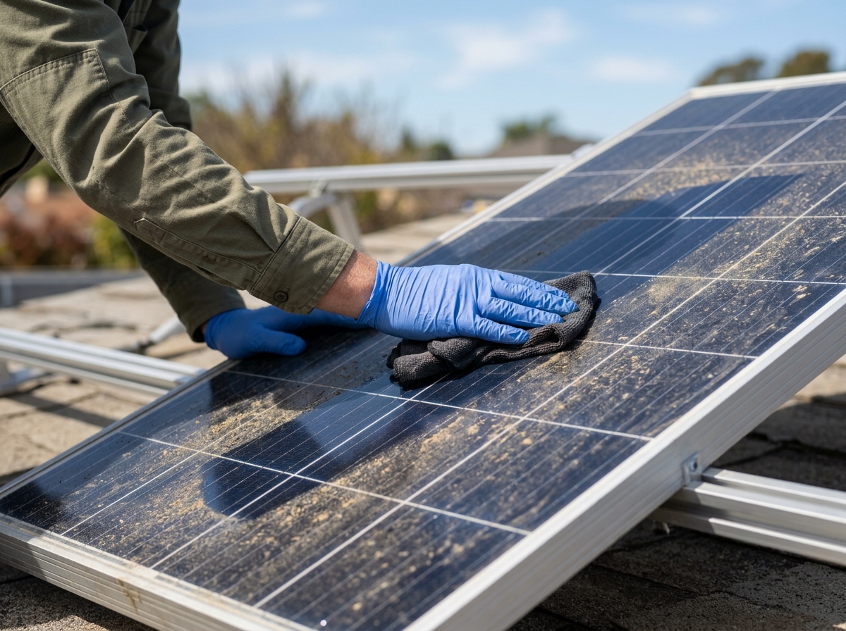 Close-up of gloved hands wiping dust and pollen off a tilted solar panel surface
