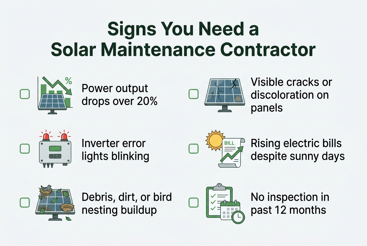 Infographic: A checklist titled 'Signs You Need a Solar Maintenance Contractor'