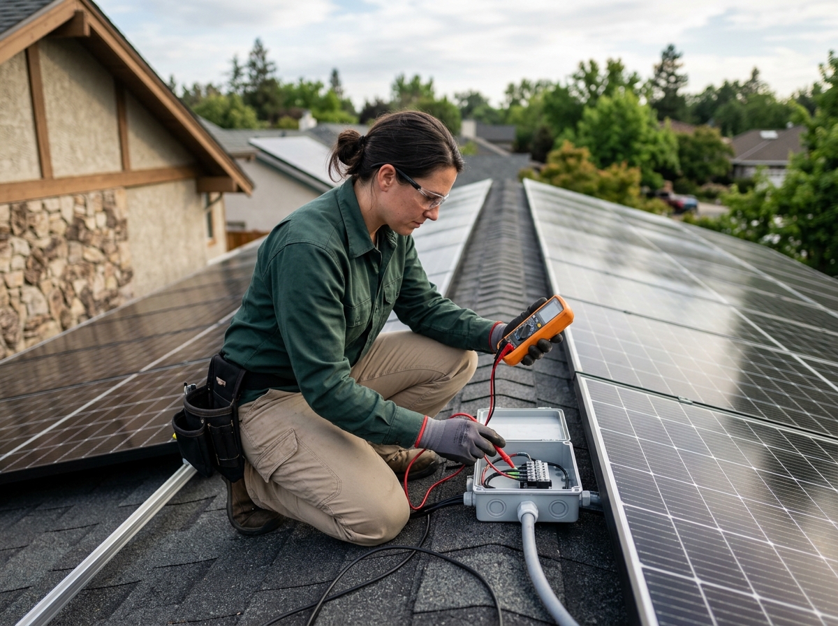 Contractor using a handheld meter to test solar panel wiring connections on a home rooftop
