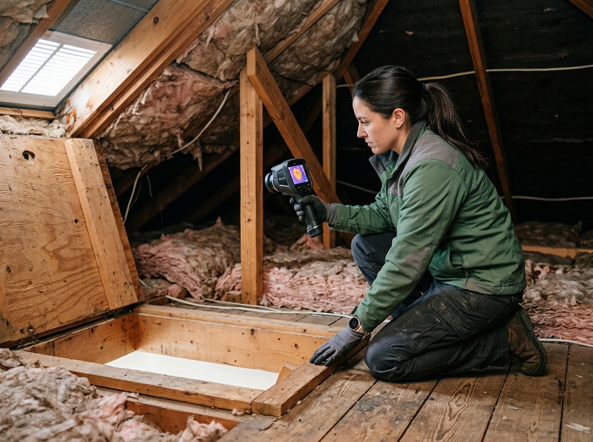 Energy auditor kneeling at an attic hatch pointing an infrared camera toward exposed insulation