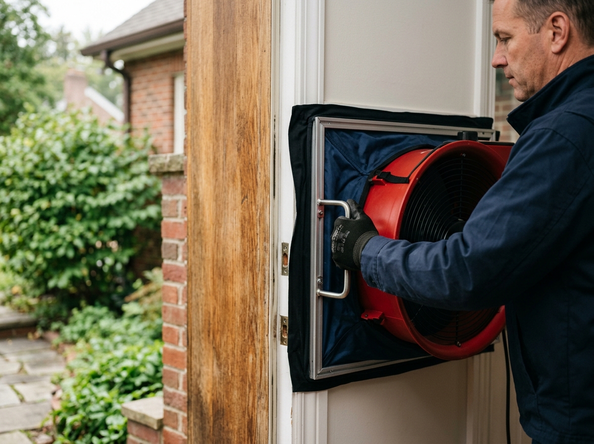Auditor's gloved hand holding a blower door fan sealed into a front doorway during testing