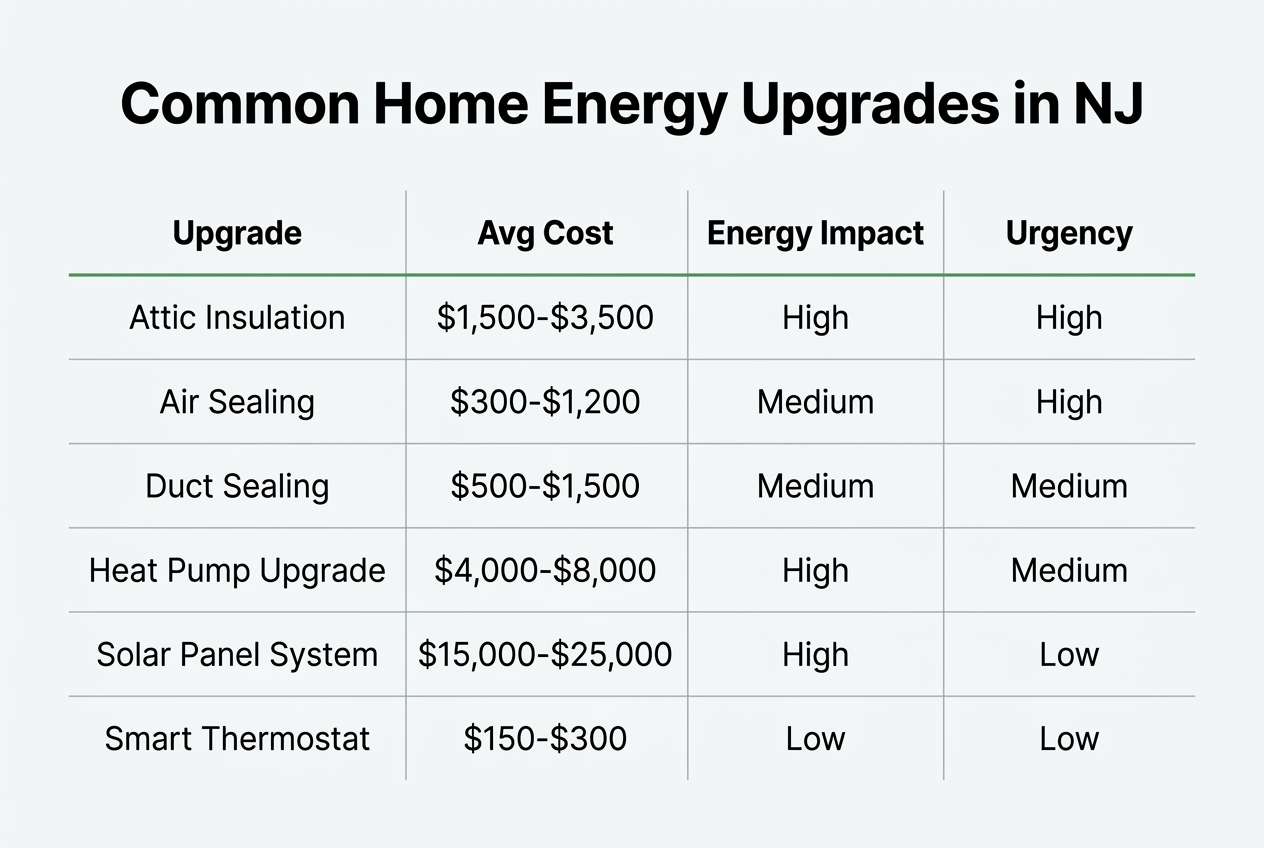 Infographic: Comparison table titled 'Common Home Energy Upgrades in NJ'