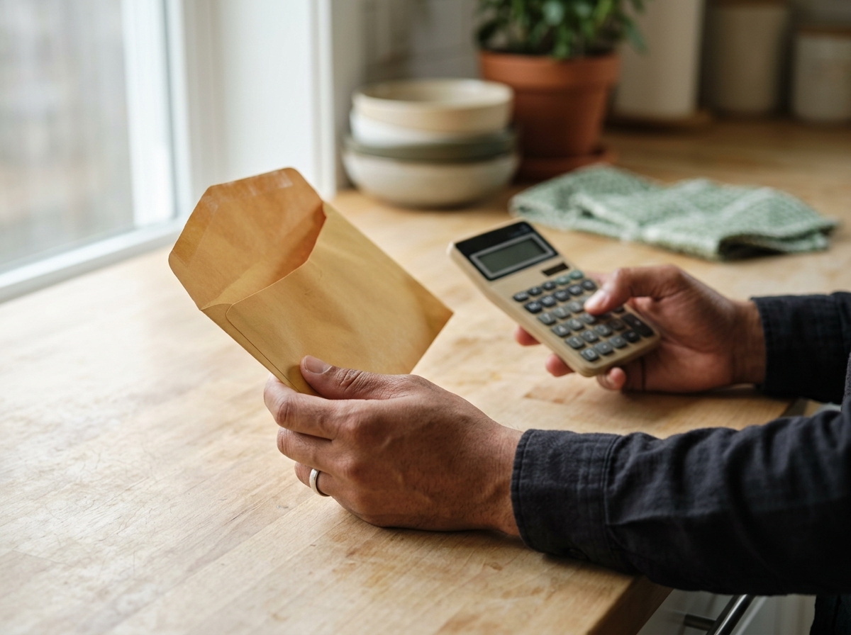 Homeowner's hands comparing a utility bill envelope against a small calculator on kitchen counter